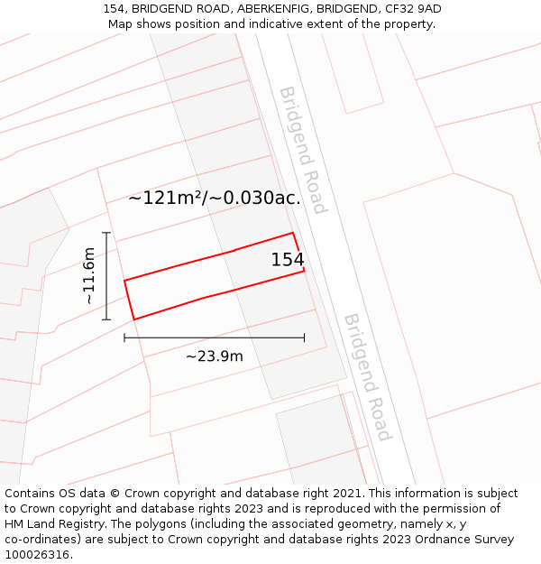 154, BRIDGEND ROAD, ABERKENFIG, BRIDGEND, CF32 9AD: Plot and title map