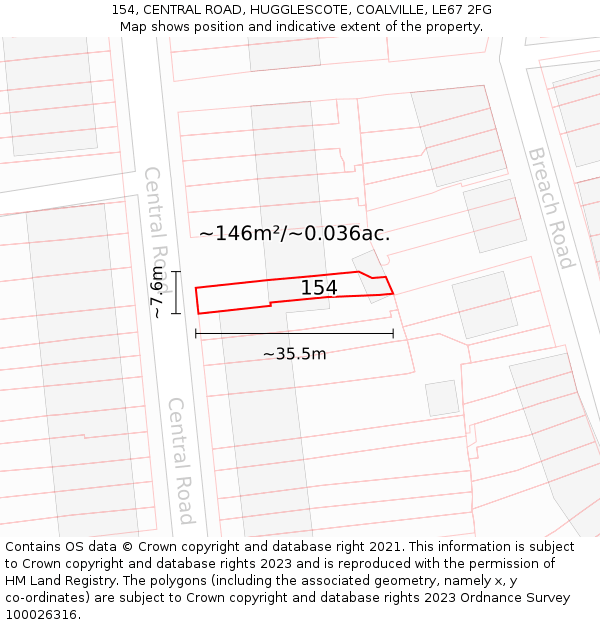154, CENTRAL ROAD, HUGGLESCOTE, COALVILLE, LE67 2FG: Plot and title map