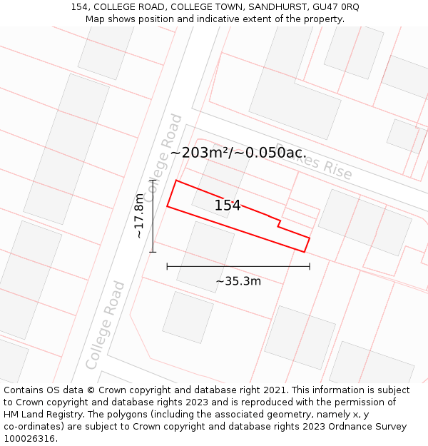 154, COLLEGE ROAD, COLLEGE TOWN, SANDHURST, GU47 0RQ: Plot and title map