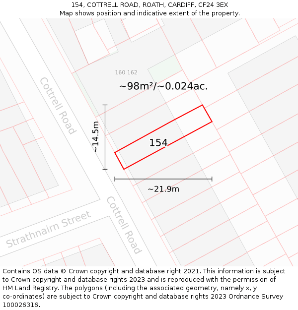 154, COTTRELL ROAD, ROATH, CARDIFF, CF24 3EX: Plot and title map