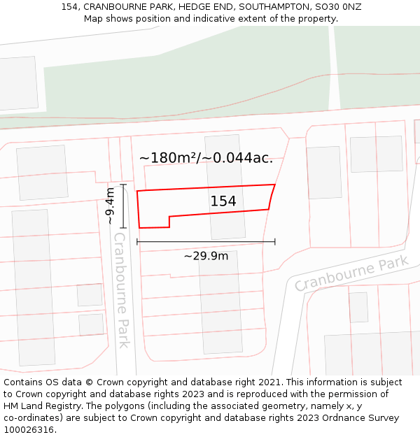 154, CRANBOURNE PARK, HEDGE END, SOUTHAMPTON, SO30 0NZ: Plot and title map