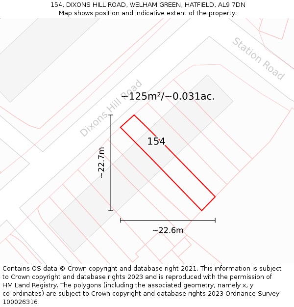 154, DIXONS HILL ROAD, WELHAM GREEN, HATFIELD, AL9 7DN: Plot and title map