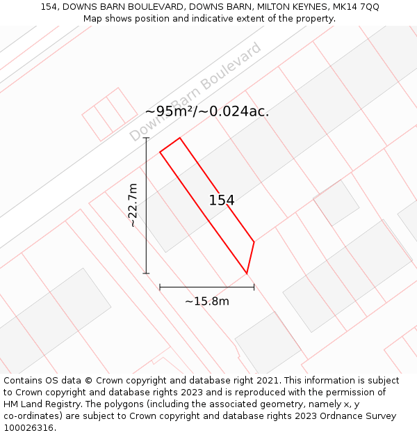 154, DOWNS BARN BOULEVARD, DOWNS BARN, MILTON KEYNES, MK14 7QQ: Plot and title map