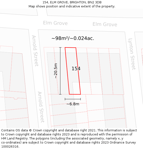 154, ELM GROVE, BRIGHTON, BN2 3DB: Plot and title map