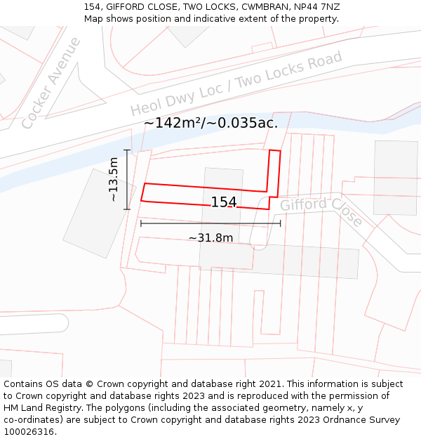 154, GIFFORD CLOSE, TWO LOCKS, CWMBRAN, NP44 7NZ: Plot and title map