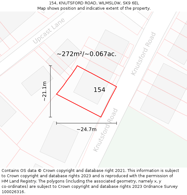 154, KNUTSFORD ROAD, WILMSLOW, SK9 6EL: Plot and title map