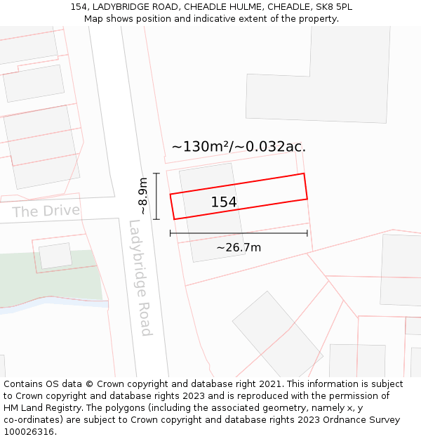154, LADYBRIDGE ROAD, CHEADLE HULME, CHEADLE, SK8 5PL: Plot and title map