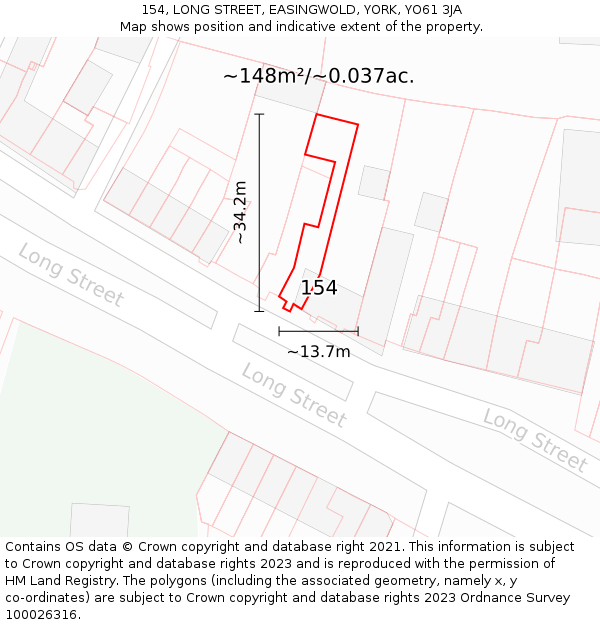 154, LONG STREET, EASINGWOLD, YORK, YO61 3JA: Plot and title map