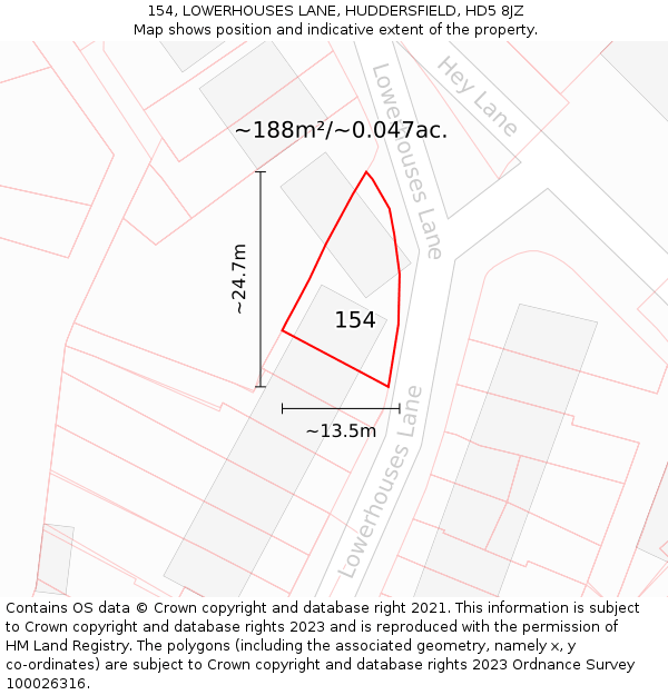 154, LOWERHOUSES LANE, HUDDERSFIELD, HD5 8JZ: Plot and title map
