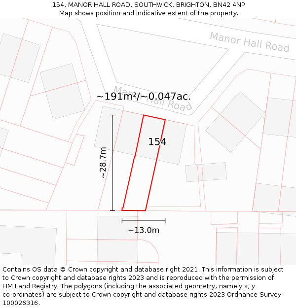 154, MANOR HALL ROAD, SOUTHWICK, BRIGHTON, BN42 4NP: Plot and title map