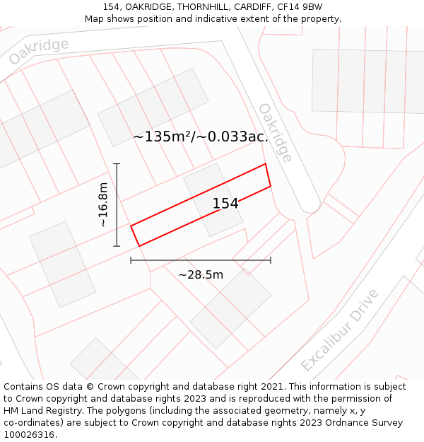 154, OAKRIDGE, THORNHILL, CARDIFF, CF14 9BW: Plot and title map