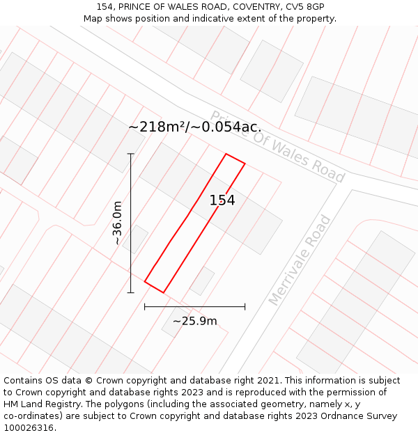 154, PRINCE OF WALES ROAD, COVENTRY, CV5 8GP: Plot and title map