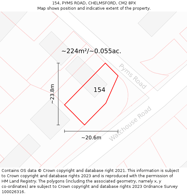 154, PYMS ROAD, CHELMSFORD, CM2 8PX: Plot and title map