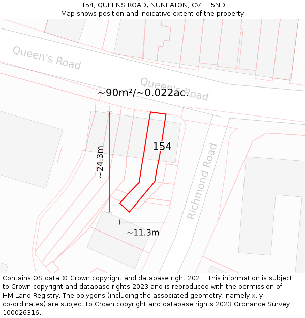154, QUEENS ROAD, NUNEATON, CV11 5ND: Plot and title map