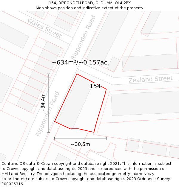154, RIPPONDEN ROAD, OLDHAM, OL4 2RX: Plot and title map