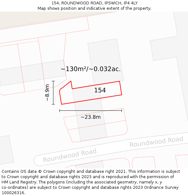 154, ROUNDWOOD ROAD, IPSWICH, IP4 4LY: Plot and title map