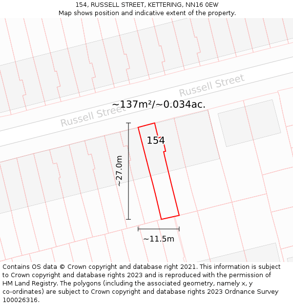 154, RUSSELL STREET, KETTERING, NN16 0EW: Plot and title map