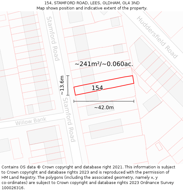154, STAMFORD ROAD, LEES, OLDHAM, OL4 3ND: Plot and title map