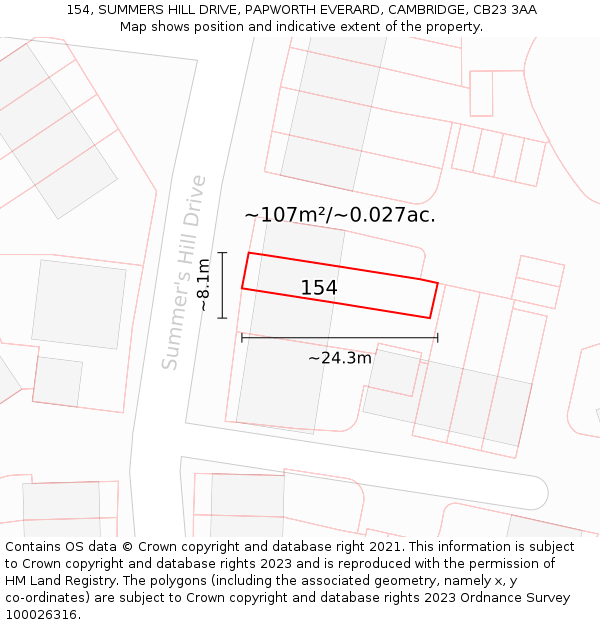 154, SUMMERS HILL DRIVE, PAPWORTH EVERARD, CAMBRIDGE, CB23 3AA: Plot and title map