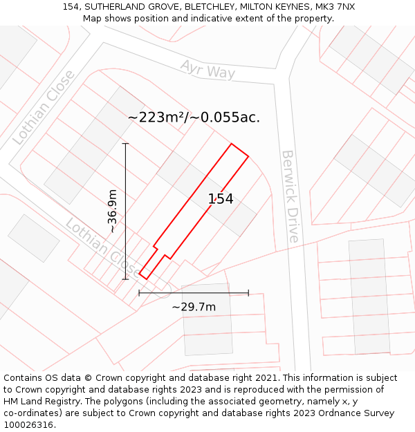154, SUTHERLAND GROVE, BLETCHLEY, MILTON KEYNES, MK3 7NX: Plot and title map