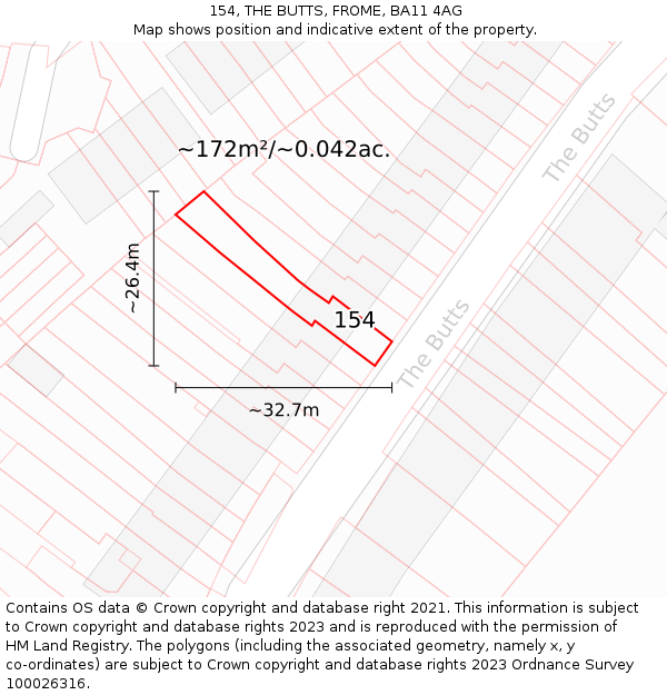 154, THE BUTTS, FROME, BA11 4AG: Plot and title map