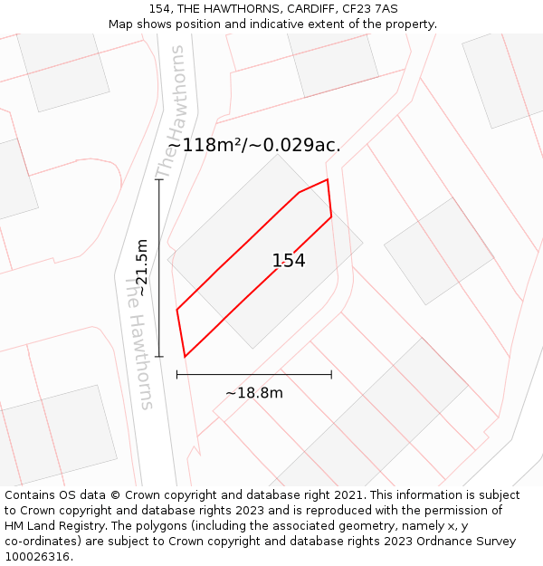 154, THE HAWTHORNS, CARDIFF, CF23 7AS: Plot and title map