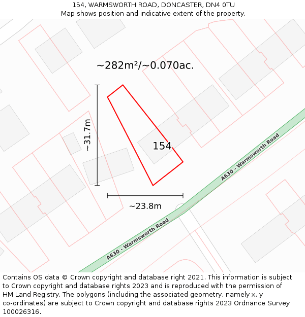 154, WARMSWORTH ROAD, DONCASTER, DN4 0TU: Plot and title map