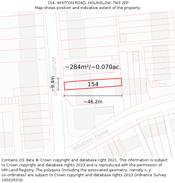 154, WHITTON ROAD, HOUNSLOW, TW3 2EP: Plot and title map