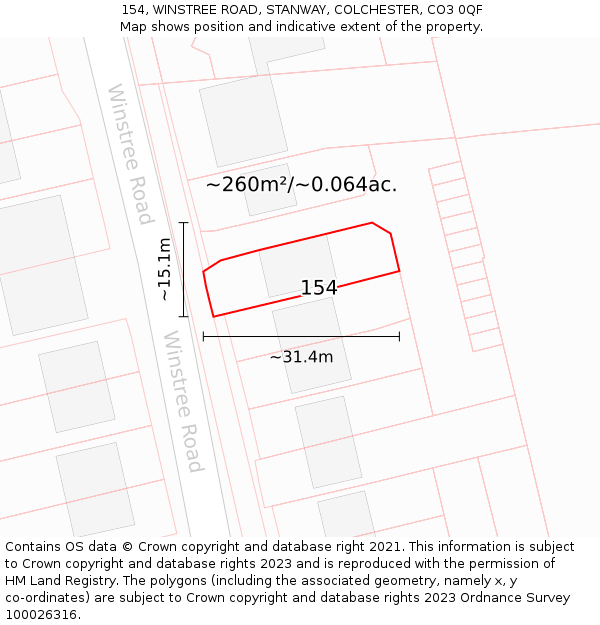 154, WINSTREE ROAD, STANWAY, COLCHESTER, CO3 0QF: Plot and title map