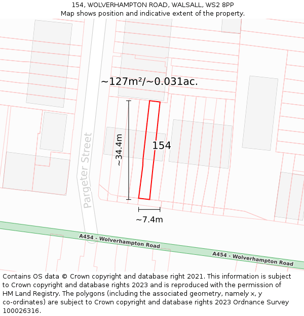 154, WOLVERHAMPTON ROAD, WALSALL, WS2 8PP: Plot and title map