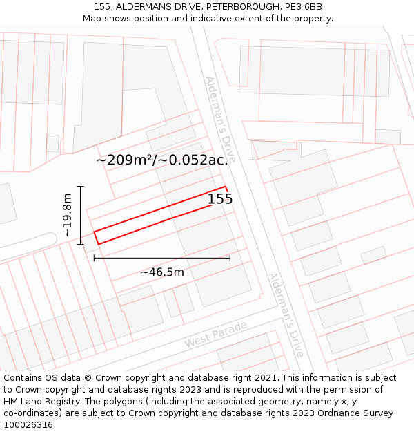 155, ALDERMANS DRIVE, PETERBOROUGH, PE3 6BB: Plot and title map