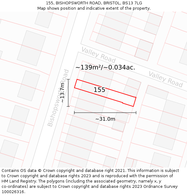 155, BISHOPSWORTH ROAD, BRISTOL, BS13 7LG: Plot and title map