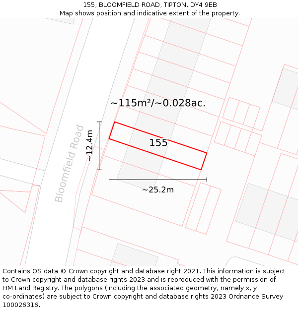 155, BLOOMFIELD ROAD, TIPTON, DY4 9EB: Plot and title map