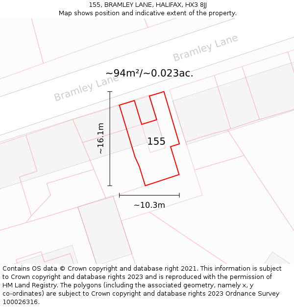 155, BRAMLEY LANE, HALIFAX, HX3 8JJ: Plot and title map