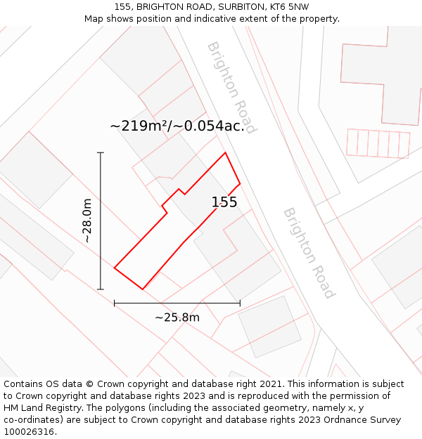 155, BRIGHTON ROAD, SURBITON, KT6 5NW: Plot and title map