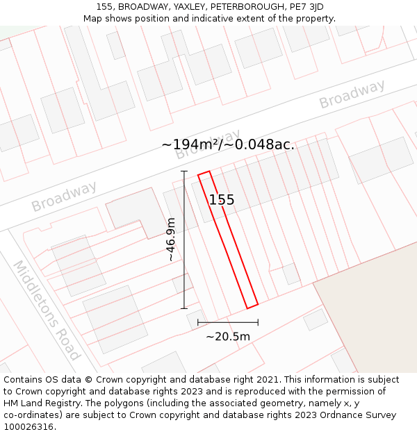 155, BROADWAY, YAXLEY, PETERBOROUGH, PE7 3JD: Plot and title map