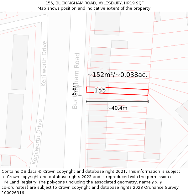 155, BUCKINGHAM ROAD, AYLESBURY, HP19 9QF: Plot and title map