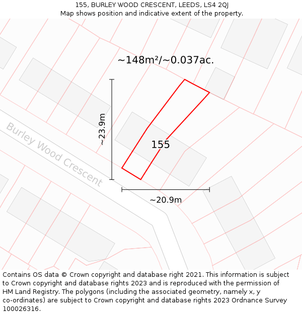 155, BURLEY WOOD CRESCENT, LEEDS, LS4 2QJ: Plot and title map
