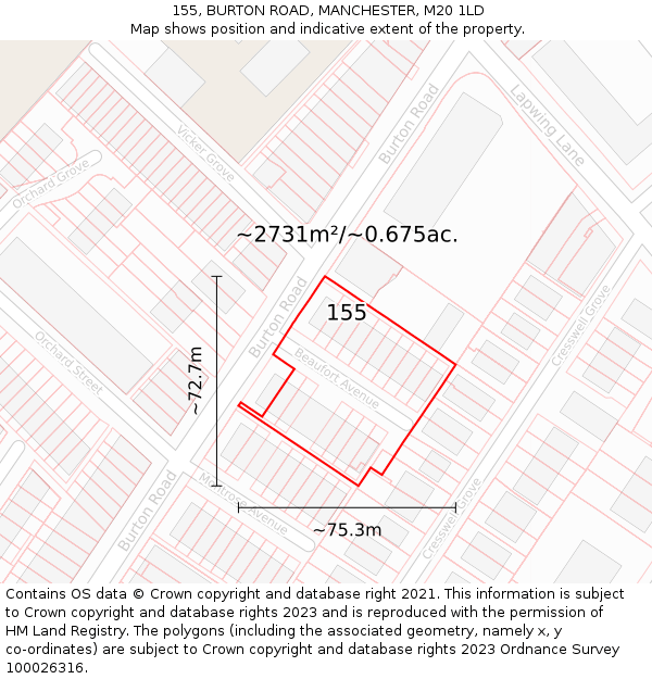 155, BURTON ROAD, MANCHESTER, M20 1LD: Plot and title map