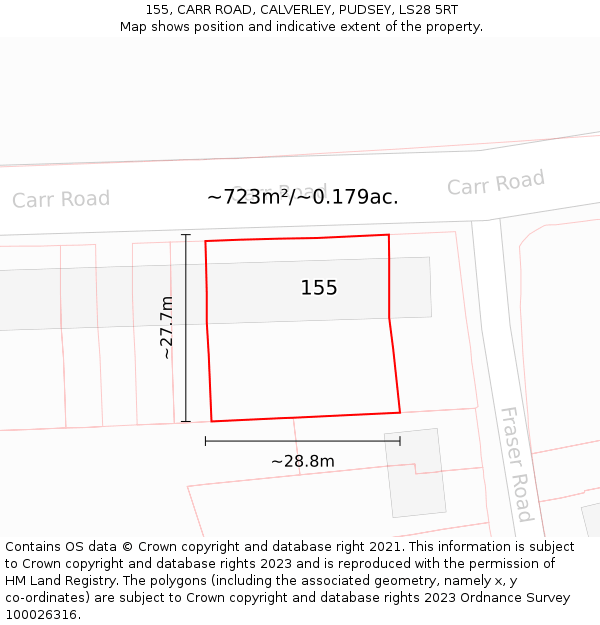 155, CARR ROAD, CALVERLEY, PUDSEY, LS28 5RT: Plot and title map