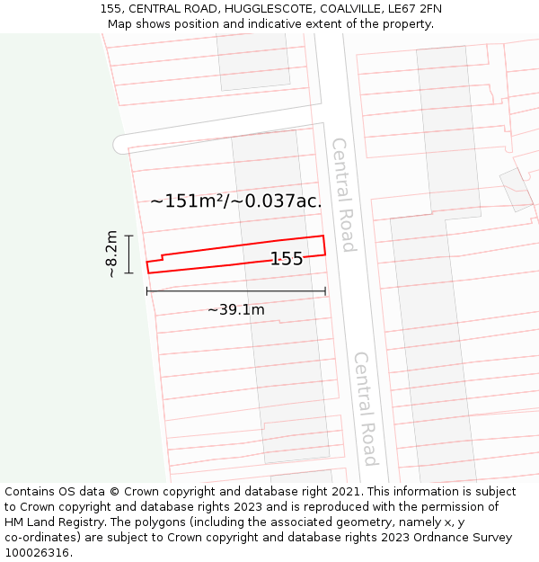 155, CENTRAL ROAD, HUGGLESCOTE, COALVILLE, LE67 2FN: Plot and title map