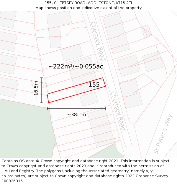 155, CHERTSEY ROAD, ADDLESTONE, KT15 2EL: Plot and title map