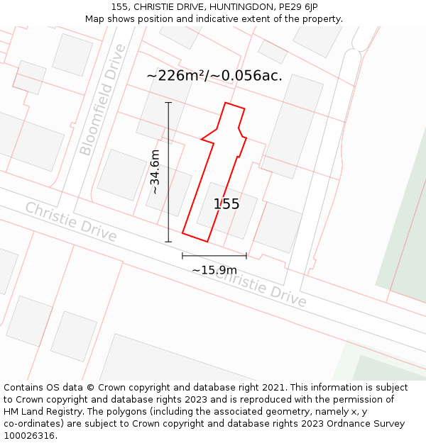 155, CHRISTIE DRIVE, HUNTINGDON, PE29 6JP: Plot and title map
