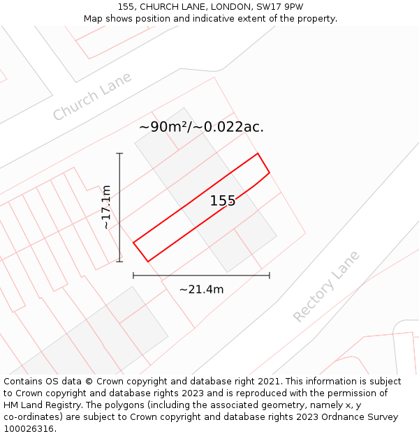 155, CHURCH LANE, LONDON, SW17 9PW: Plot and title map