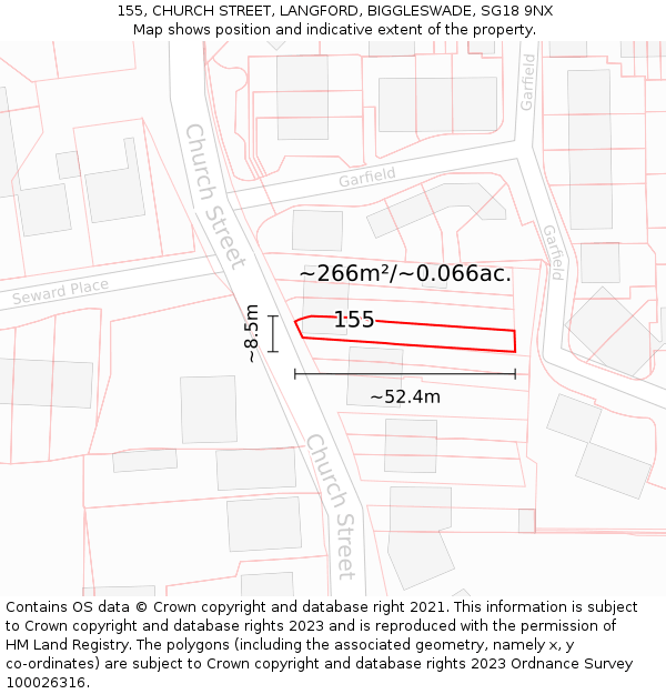 155, CHURCH STREET, LANGFORD, BIGGLESWADE, SG18 9NX: Plot and title map