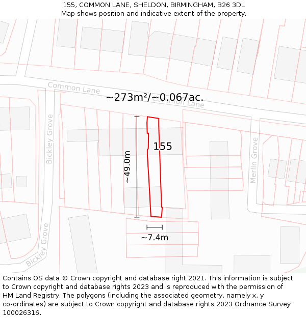 155, COMMON LANE, SHELDON, BIRMINGHAM, B26 3DL: Plot and title map