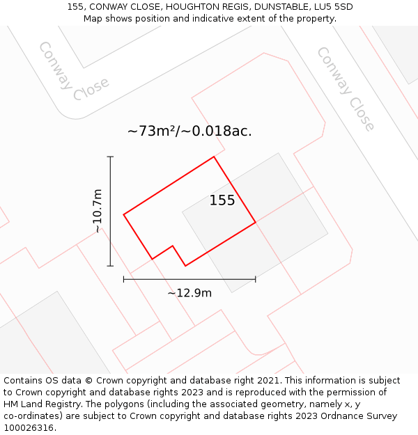 155, CONWAY CLOSE, HOUGHTON REGIS, DUNSTABLE, LU5 5SD: Plot and title map