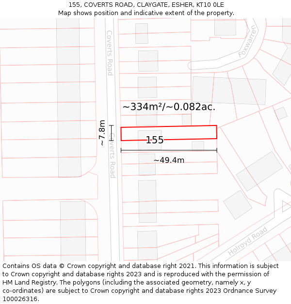 155, COVERTS ROAD, CLAYGATE, ESHER, KT10 0LE: Plot and title map