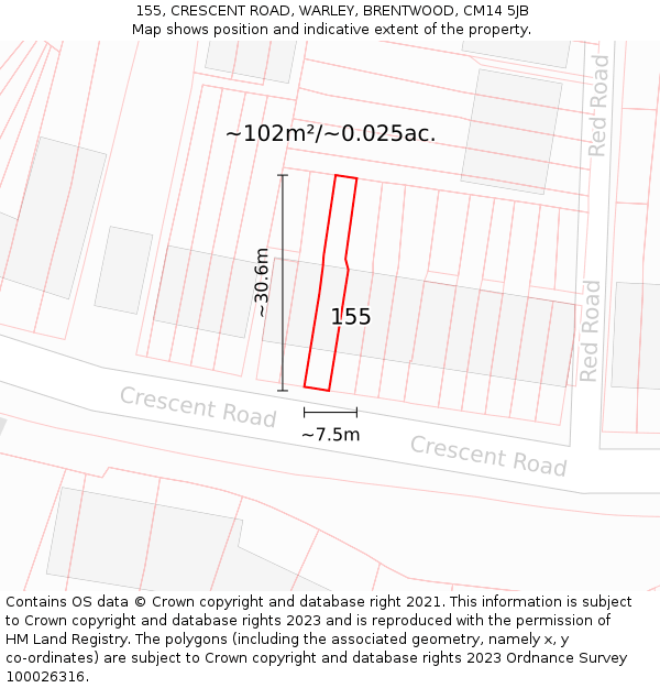 155, CRESCENT ROAD, WARLEY, BRENTWOOD, CM14 5JB: Plot and title map