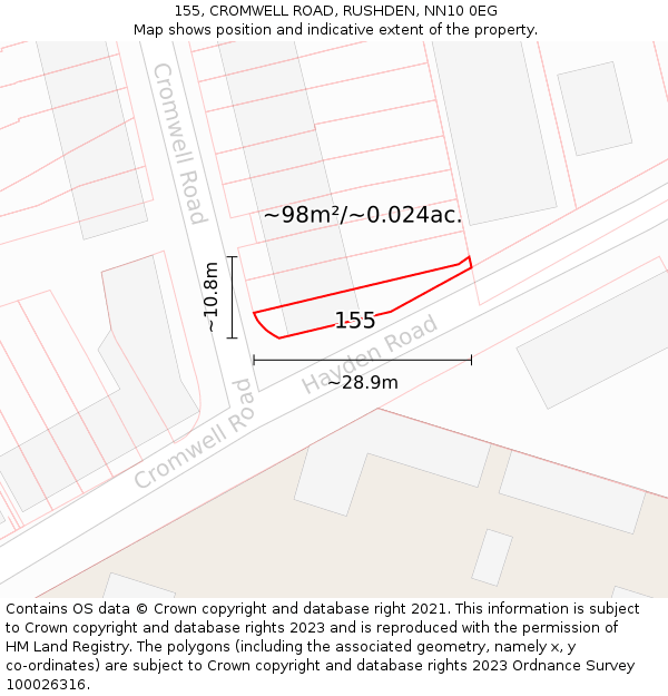155, CROMWELL ROAD, RUSHDEN, NN10 0EG: Plot and title map
